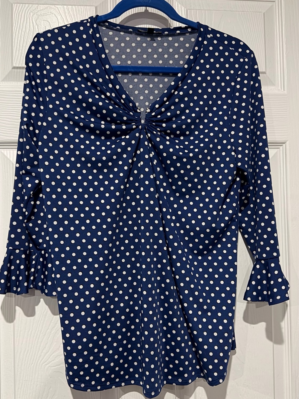 Ava & Grace Navy Blue Polka Dot Twist-Front Long Sleeve Top